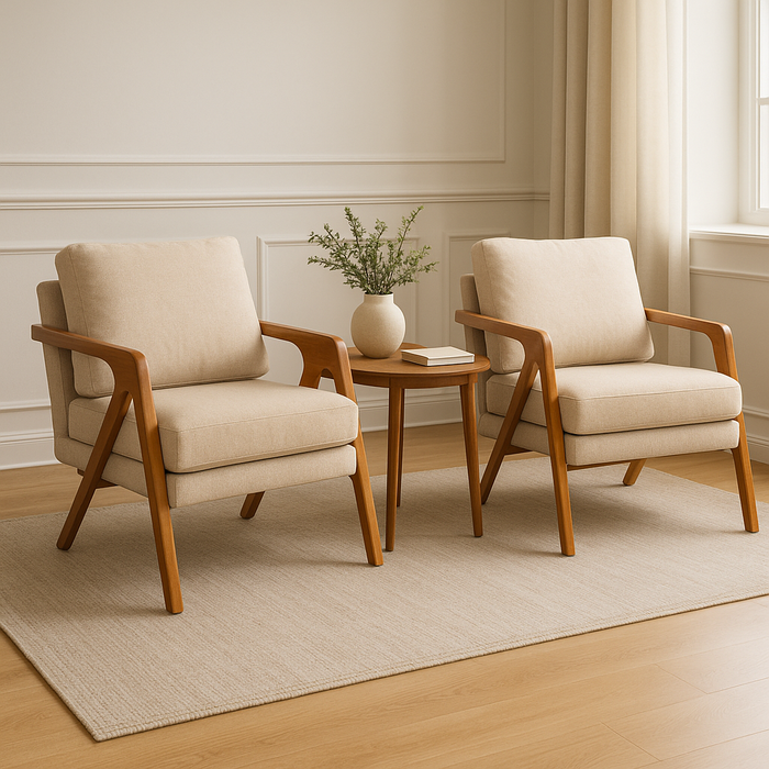 Kit 2 Poltronas Decorativa Mona Luxo Linho Bege Claro e Base Madeira Maciça Bege Claro