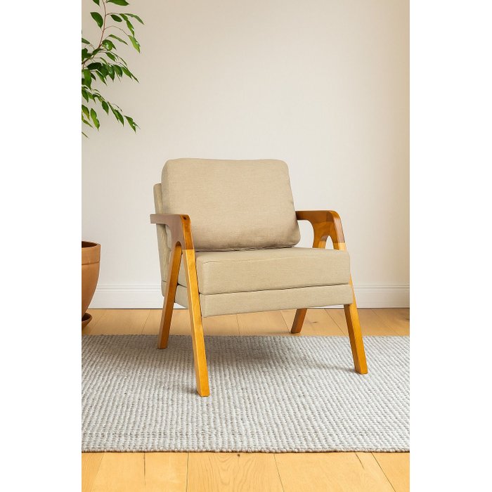 Kit 2 Poltronas Decorativa Mona Luxo Linho Bege Claro e Base Madeira Maciça Bege Claro