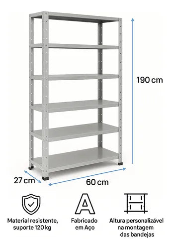 Estante Armário De Aço 6 Bandejas 90cm Cinza Suporta 150kg