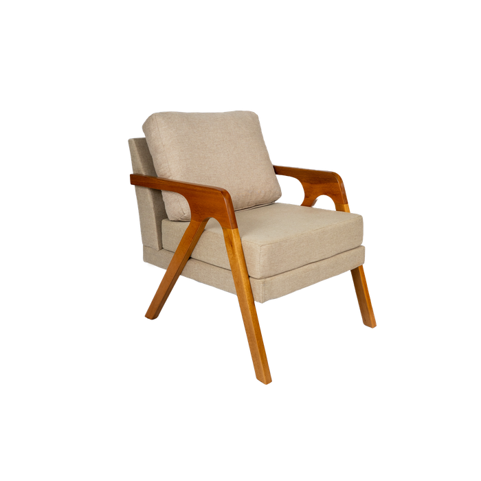 Kit 2 Poltronas Decorativa Mona Luxo Linho Bege Claro e Base Madeira Maciça Bege Claro