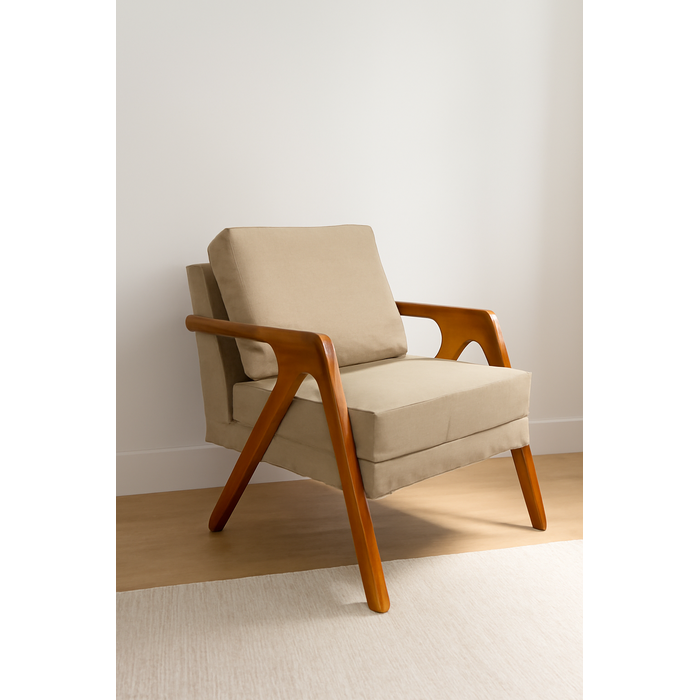 Kit 2 Poltronas Decorativa Mona Luxo Linho Bege Claro e Base Madeira Maciça Bege Claro