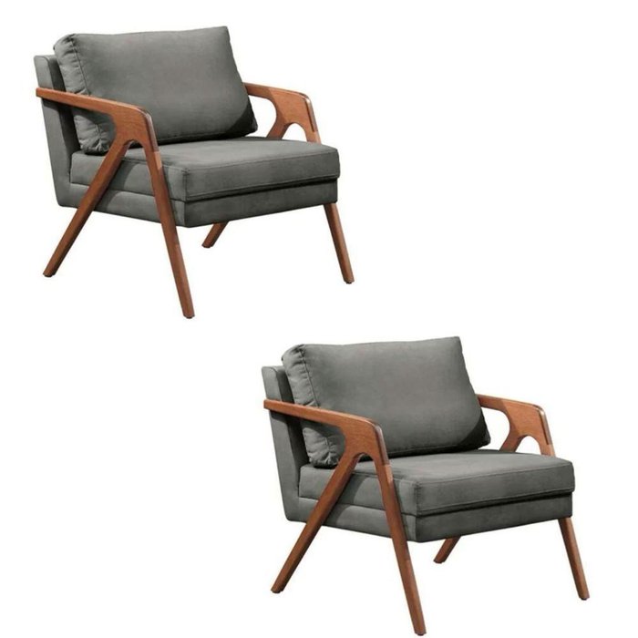 Kit 2 Poltronas Decorativa Mona Luxo Linho Cinza Base Madeira Maciça Cinza