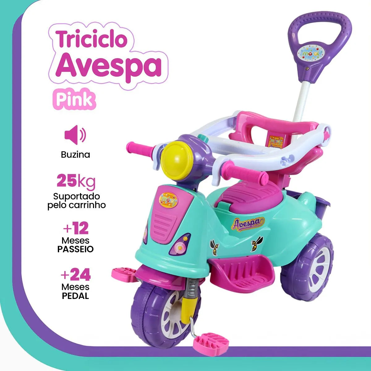 Triciclo Infantil Avespa Pink Maral Com Pedal