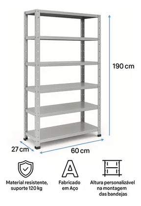 Estante Armário De Aço 6 Bandejas 90cm Cinza Suporta 150kg