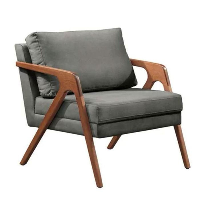 Kit 2 Poltronas Decorativa Mona Luxo Linho Cinza Base Madeira Maciça Cinza
